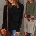 Women's Casual Ribbed Knit Long Sleeve T-Shirt With Button Cuffs Round Neck Solid Color Slim Fit Polyester Spandex Top For Autumn Winter Daily Wear