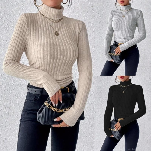 Women's Casual Slim Fit Turtleneck Ribbed Knitted T-Shirt Solid Color Long Sleeve Lightweight Base Layer Top For Daily Autumn Winter Wear