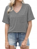Women's V Neck T-Shirt Casual Short Sleeve Heather Grey Polyester Spandex Loose Fit Top With Chest Pocket For Ladies Summer Daily Wear Soft