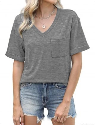 Women's V Neck T-Shirt Casual Short Sleeve Heather Grey Polyester Spandex Loose Fit Top With Chest Pocket For Ladies Summer Daily Wear Soft