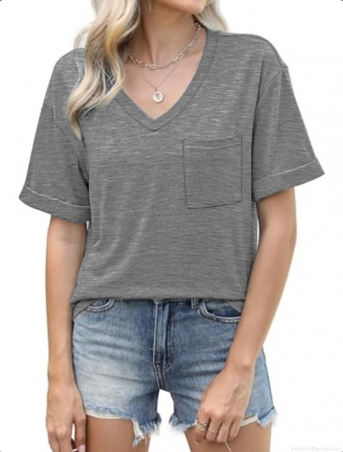 Women's V Neck T-Shirt Casual Short Sleeve Heather Grey Polyester Spandex Loose Fit Top With Chest Pocket For Ladies Summer Daily Wear Soft