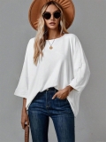 Women's Casual Loose Round Neck Long Sleeve T-Shirt Solid White Batwing Drop Shoulder Oversized Polyester Blend Top For Spring Autumn Women