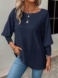 Women's Elegant Crinkled Texture Long Sleeve T-Shirt Round Neck Loose Blouse With Smocked Cuffs Casual Solid Color Navy Blue Top For Spring Summer Fashion