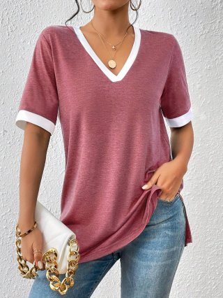 Women's V-Neck Short Sleeve T-Shirt Contrast Color Trim Knit Top Casual Slim Fit Mid-Length Tee for Daily Party Women Soft Breathable Clothing
