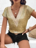 Women's V-Neck Lace Trim T-Shirt Polyester Metallic Texture Short Sleeve Top Summer Casual Streetwear Party Clubwear For Ladies