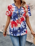 Women's Patriotic Red White Blue Tie Dye Short Sleeve T-Shirt Star Print V-Neck Button Down Casual Summer Vacation Tee Top