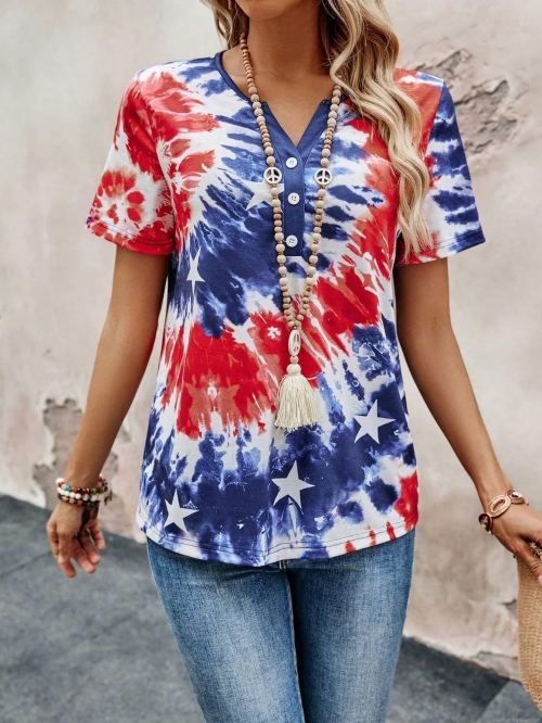 Women's Patriotic Red White Blue Tie Dye Short Sleeve T-Shirt Star Print V-Neck Button Down Casual Summer Vacation Tee Top