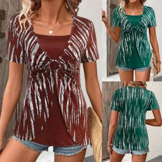 Women's Fashion Faux Two-Piece T-Shirt V-Neck Short Sleeve Top With Metal Ring Detail Animal Zebra Print Casual Polyester Spandex Elegant Blouse For Women