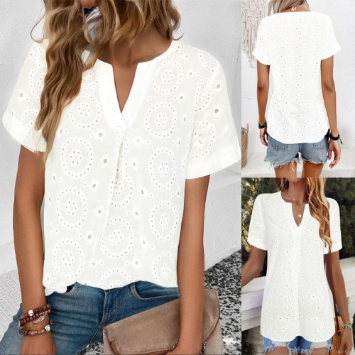 Women's Summer Eyelet Embroidery T-Shirt Casual V-Neck Short Sleeve Hollow Out Floral Embroidered Blouse Top Breathable Loose Fit Fashion Tee