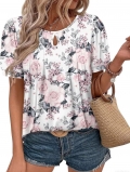 Women's Summer Floral Print T-Shirt Round Neck Keyhole Hollow Out Ruched Short Sleeve Puff Sleeve Top Casual Vacation Lightweight Breathable Polyester Blend Tee