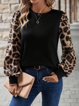 Women's Leopard Patchwork Long Sleeve T-Shirt Knit Round Neck Loose Casual Top Fashion Commute Daily Wear Autumn Spring