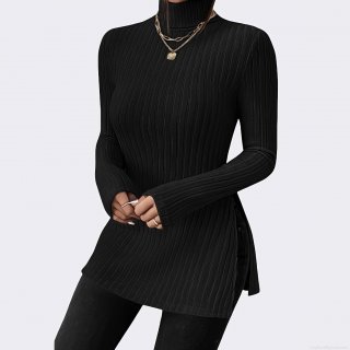 Women's High Neck Ribbed Knit T-Shirt Long Sleeve Side Slit Slim Fit Polyester Base Layer Top Casual Mid-Length Pullover For Autumn Winter