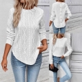Women's Long Sleeve Round Neck T-Shirt With Back Button Detail Casual Loose Diamond Hollow Out Jacquard Knit Pullover Top For Autumn Winter Plain White