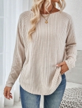 Women's Long Sleeve Ribbed Knit T-Shirt Loose Fit Raglan Sleeve Solid Oatmeal Casual Pullover Top Soft Polyester Spandex Tunic For Spring Autumn