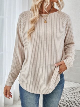 Women's Long Sleeve Ribbed Knit T-Shirt Loose Fit Raglan Sleeve Solid Oatmeal Casual Pullover Top Soft Polyester Spandex Tunic For Spring Autumn