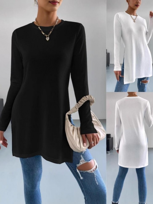 Women's Long Sleeve T-Shirt Crew Neck High Side Split Longline Top Ribbed Polyester Spandex Tunic Casual Loose Fit Solid Color Blouse for Women Daily Wear