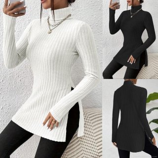 Women's Plus Size Turtleneck Knit Top Ribbed Long Sleeve Slim Fit T-Shirt Side Slit Mid-Length Pullover Casual Solid Color Base Layer Shirt