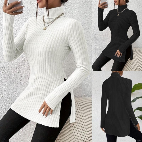 Women's Plus Size Turtleneck Knit Top Ribbed Long Sleeve Slim Fit T-Shirt Side Slit Mid-Length Pullover Casual Solid Color Base Layer Shirt