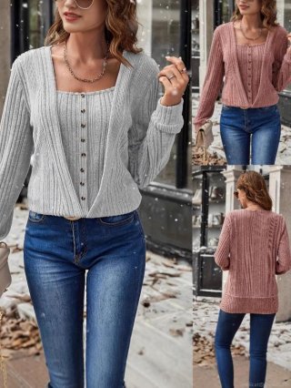 Women's Ribbed Knit Long Sleeve T-Shirt Casual Button Front Two-Piece Look Top Spring Autumn Slim Fit Polyester Spandex Pullover Layered Style Solid Color Blouse