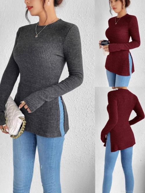 Women's Sexy Slim Fit Ribbed Knit T-Shirt Long Sleeve Round Neck Side Slit Brushed Solid Color Top For Casual Commuting Autumn Polyester Spandex