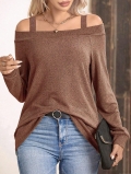 Women's Sexy Off Shoulder Long Sleeve Knit T-Shirt Elegant Solid Color Cold Shoulder Strappy Top For Daily Dating Casual Commuting Fashion