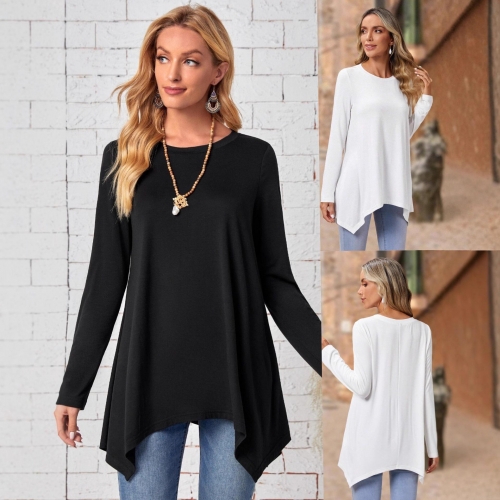 Women's Casual Solid Color Round Neck Long Sleeve T-Shirt With Elegant Asymmetrical Irregular Hem Asymmetric Loose Basic Polyester Spandex Top For Spring Daily Wear