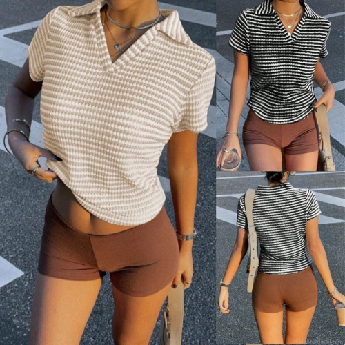 Women's Striped Knit Polo Shirt Short Sleeve Polyester Spandex V-Neck Loose T-Shirt Summer Casual Plus Size Pullover Top