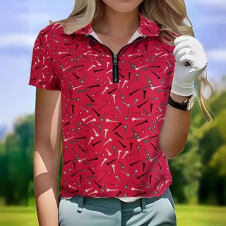Women Golf Polo T-Shirt Polyester Breathable Zipper V-Neck Casual Sporty Short Sleeve Top Golf Tee Print Fashionable Outdoor Activewear