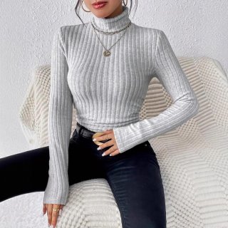 Women's Plus Size Turtleneck Long Sleeve T-Shirt Elegant Solid Color Ribbed Knit Slim Fit Pullover Casual Brushed Top For Autumn Winter
