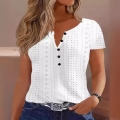 Women's Casual Hollow Out V-Neck T-Shirt Short Sleeve Loose Fit Polyester Spandex Jacquard Top With Contrast Buttons For Summer Daily Wear