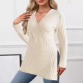 Women's Plus Size V Neck Long Sleeve Ribbed Knit Top Casual Loose Side Slit Solid Color Polyester Pullover Shirt For Daily Autumn Winter