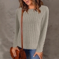 Women Solid Color Ribbed Knit T-Shirt Casual Crew Neck Long Sleeve Top With Button Cuff Decoration Elegant Slim Fit Pullover For Autumn Winter
