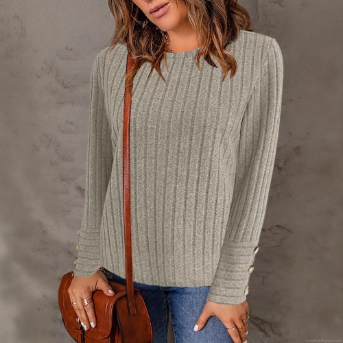 Women Solid Color Ribbed Knit T-Shirt Casual Crew Neck Long Sleeve Top With Button Cuff Decoration Elegant Slim Fit Pullover For Autumn Winter