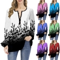 Women's Long Sleeve V-Neck Ombre T-Shirt Floral Printed Polyester Spandex Top Loose Casual Lotus Sleeve Pullover Shirt For Ladies