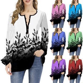 Women's Long Sleeve V-Neck Ombre T-Shirt Floral Printed Polyester Spandex Top Loose Casual Lotus Sleeve Pullover Shirt For Ladies