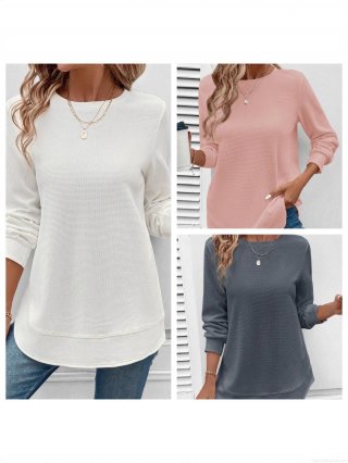 Women Casual Waffle Knit Long Sleeve T-Shirt Round Neck Asymmetrical Layered Hem Solid Color Loose Top Autumn Winter Fashion Tee