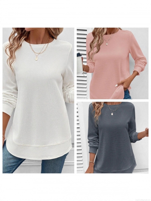 Women Casual Waffle Knit Long Sleeve T-Shirt Round Neck Asymmetrical Layered Hem Solid Color Loose Top Autumn Winter Fashion Tee