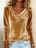 Women's Sexy Cowl Neck Long Sleeve Top Gold Velvet Polyester Spandex Solid Color Casual Chic Blouse For Autumn Winter Daily Wear