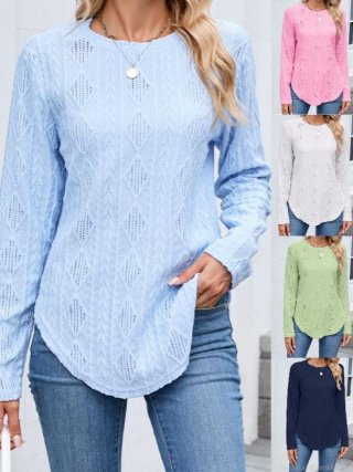 Women's Casual Knitted Long Sleeve T-Shirt Hollow Out Diamond Pattern Round Neck Top With Back Buttons Elegant Spring Summer Pullover For Women