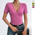 Women's Sexy V Neck Short Sleeve Slim Fit Ribbed T-Shirt Casual Wrap Front Pleated Knit Top Solid Color Summer Streetwear Tee