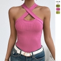 Women's Halter Neck T-Shirt Sleeveless Cross Front Wrap Ribbed Knit Top Slim Fit Sexy Summer Streetwear Backless Blouse for Women Party Clubwear