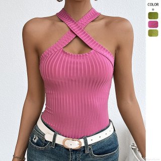 Women's Halter Neck T-Shirt Sleeveless Cross Front Wrap Ribbed Knit Top Slim Fit Sexy Summer Streetwear Backless Blouse for Women Party Clubwear