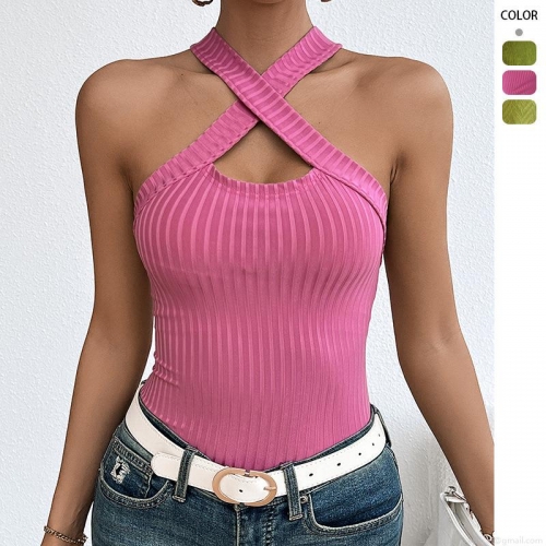 Women's Halter Neck T-Shirt Sleeveless Cross Front Wrap Ribbed Knit Top Slim Fit Sexy Summer Streetwear Backless Blouse for Women Party Clubwear
