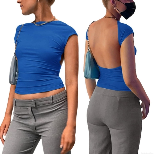 Women Sexy Backless Hollow Out T-Shirt Slim Fit Mock Neck Solid Color Short Sleeve Crop Top Summer Spice Girl Y2K Streetwear Tee