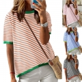 Women's Casual Striped Knit T-Shirt Short Sleeve Contrast Trim Round Neck Summer Pullover Sweater Top for Women Daily Wear