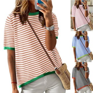 Women's Casual Striped Knit T-Shirt Short Sleeve Contrast Trim Round Neck Summer Pullover Sweater Top for Women Daily Wear