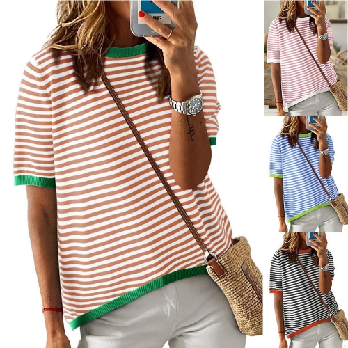 Women's Casual Striped Knit T-Shirt Short Sleeve Contrast Trim Round Neck Summer Pullover Sweater Top for Women Daily Wear
