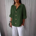 Women's Casual Cotton Linen Texture V-Neck Button T-Shirt Loose Short Sleeve Blouse Top Solid Color Breathable Summer Top For Women