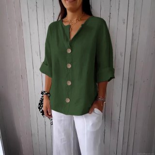 Women's Casual Cotton Linen Texture V-Neck Button T-Shirt Loose Short Sleeve Blouse Top Solid Color Breathable Summer Top For Women