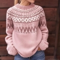 Women's Vintage Fair Isle Knit Sweater Nordic Color Block Crew Neck Long Sleeve Loose Pullover Acrylic Blend Warm Winter Christmas Jumper